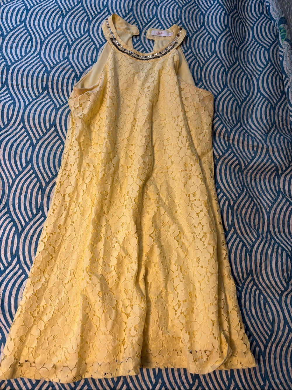 Candie's Yellow Lace Halter Dress with Beaded Collar